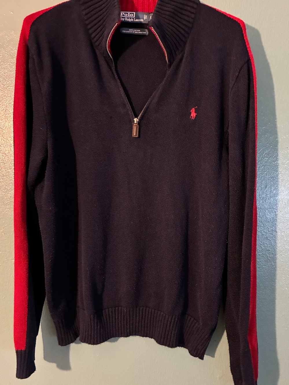 Polo by Ralph Lauren Black Zip-Up Sweater with Red Accents Large